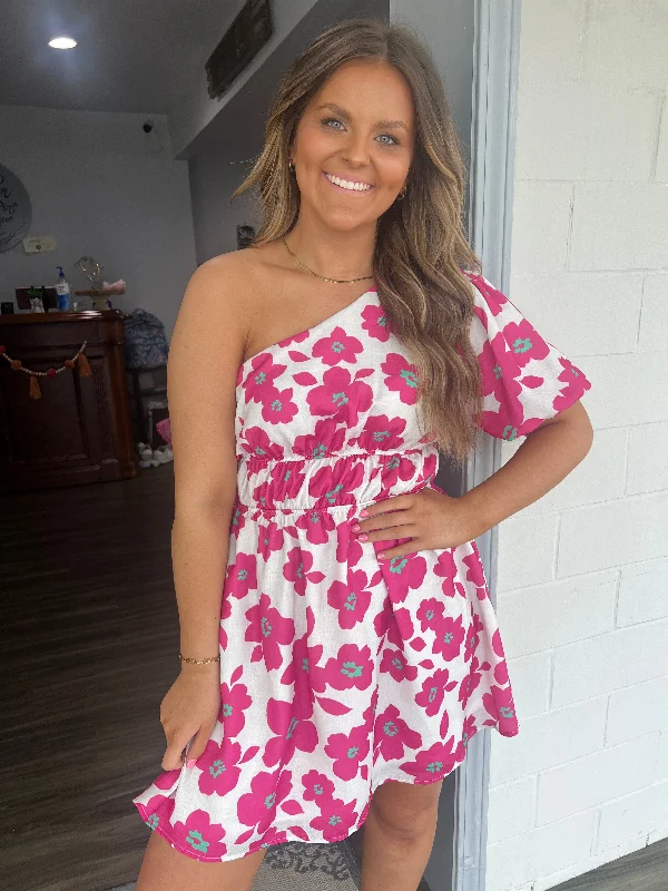 Pink floral one shoulder dress