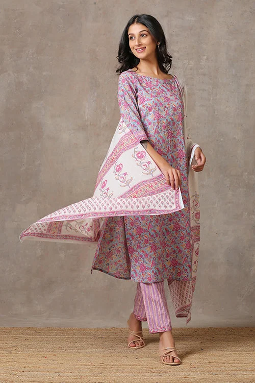 Okhai 'Pink Lily' Pure Cotton Hand Block Printed Kurta Pant Dupatta Set