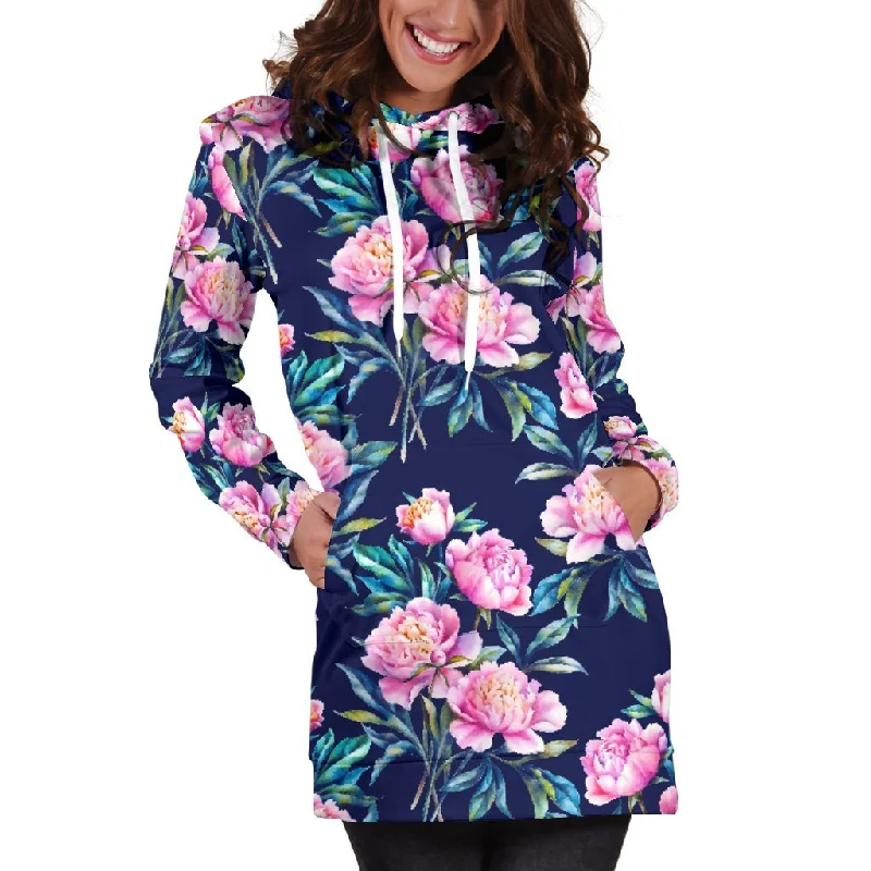 Pink Peony Floral Flower Pattern Print Pullover Hoodie Dress