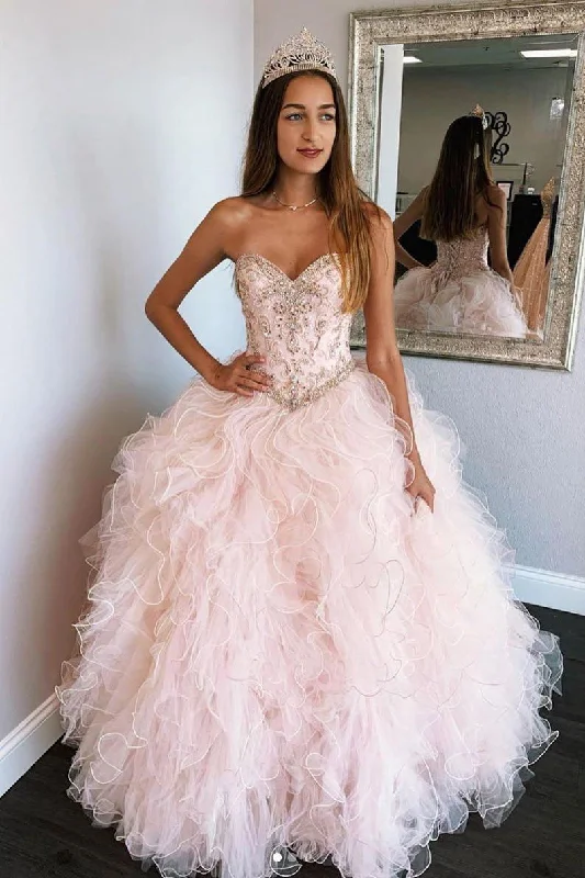 Pink Sweetheart Sleeveless Tulle Prom Dresses Sweet 16 Dresses