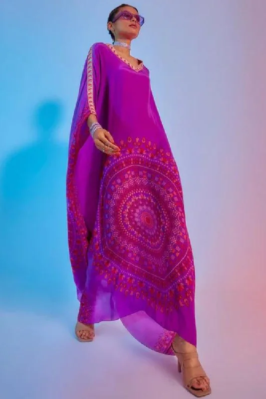 PURPLE RAVI PRINT KAFTAN WITH EMBELLISHED NECKLINE