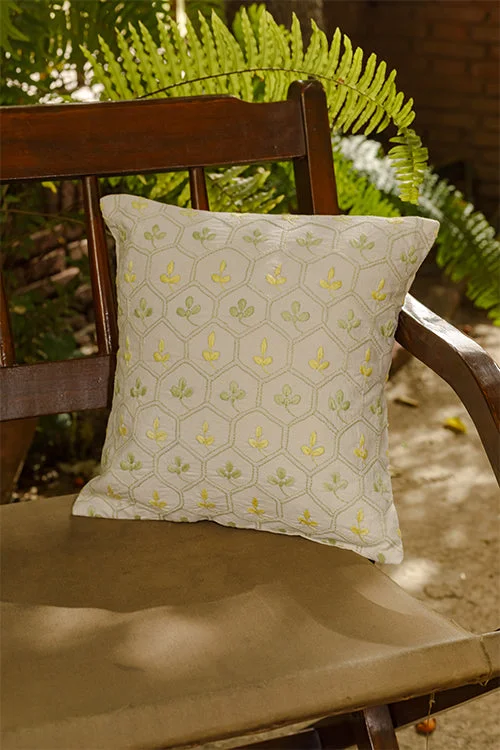 Rangsutra 'Bageecha' Chikankari Embroidered Honeycomb Foliage Cotton Cushion Cover