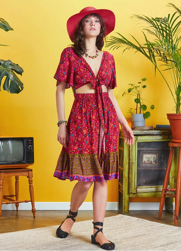 Border Hem Detail Tie Front Red Floral Summer Dress