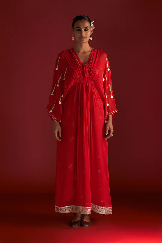 Red Gota Embroidered Kaftan With Slip