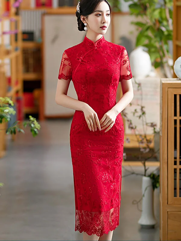 Red Sequined Lace Engagement Plus Cheongsam Qi Pao Dress