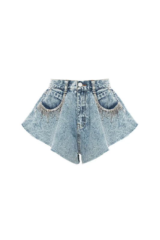 Sexy High Waist Rhinestone Fringe Ruffled Flare Leg Denim Micro Shorts