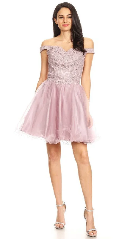 J&J Fashion 3074 Short Off the Shoulder Dress Lace Bodice Organza Skirt Corset