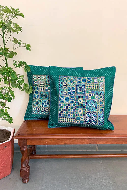 Shrujan “Antariksh” 40cm X 40cm Pine-Green Hand Embroidered Handloom Cotton Mushroo Cushion Cover Pair