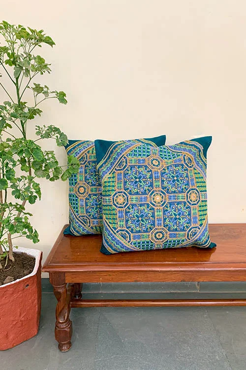 Shrujan 'Charbagh' 40cm X 40cm Bottle-Green Hand Embroidered Raw Silk Cushion Cover Pair