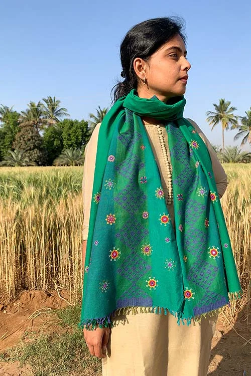 Shrujan Green 'Pakko' Hand Embroidered Handwoven Cotton Stole