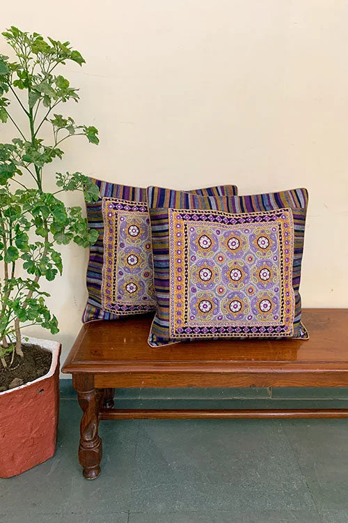 Shrujan ‘Zaya’ 40cm X 40cm Purple Toned Hand Embroidered Handloom Cotton Cushion Cover Pair