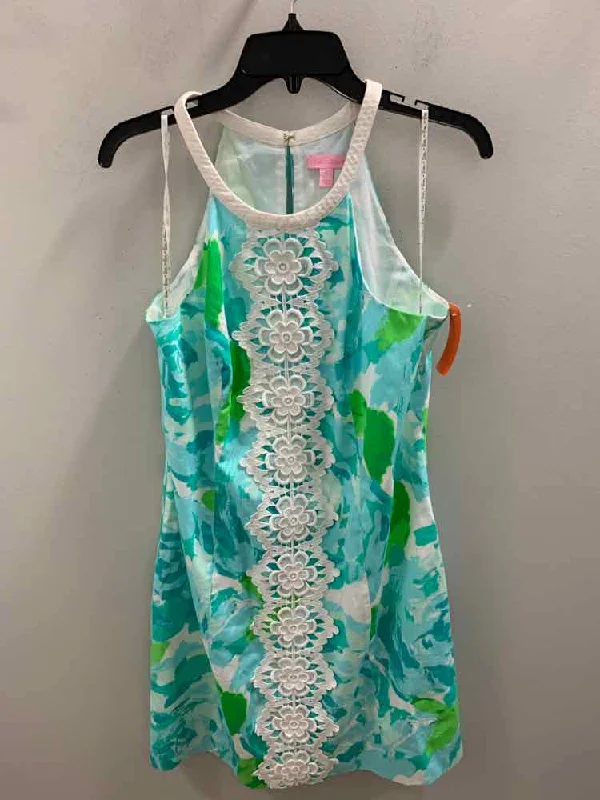 Size 12 LILLY PULITZER AQUA/GRN/WHT Floral T STRAP Dress