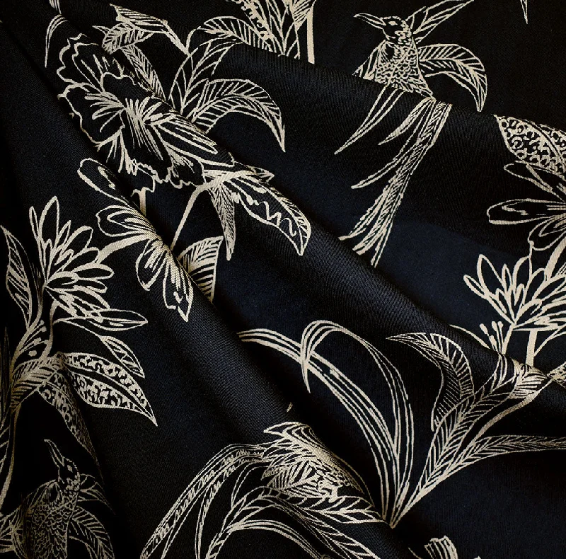 Sketched Jungle Birds Rayon Twill Shirting Black