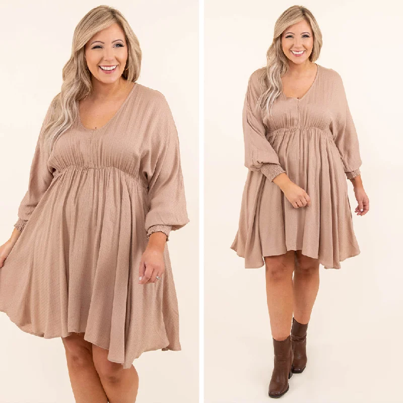 Smocked And Loaded Dress, Taupe