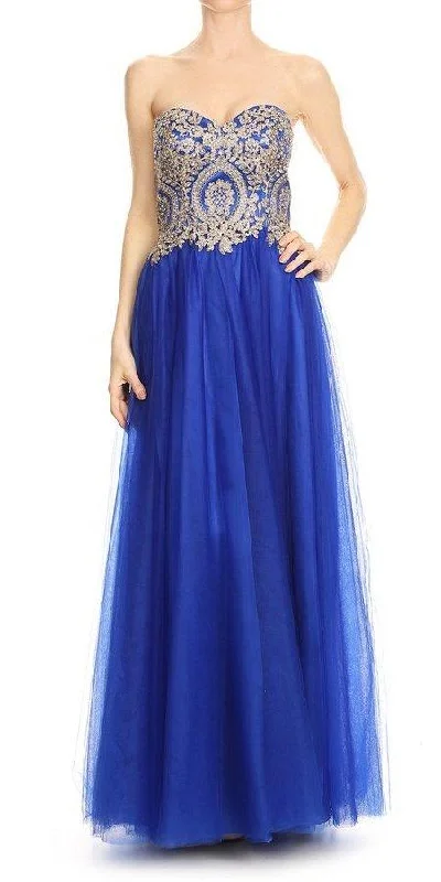 J&J Fashion 3047 Strapless Long Prom Dress Appliqued Bodice