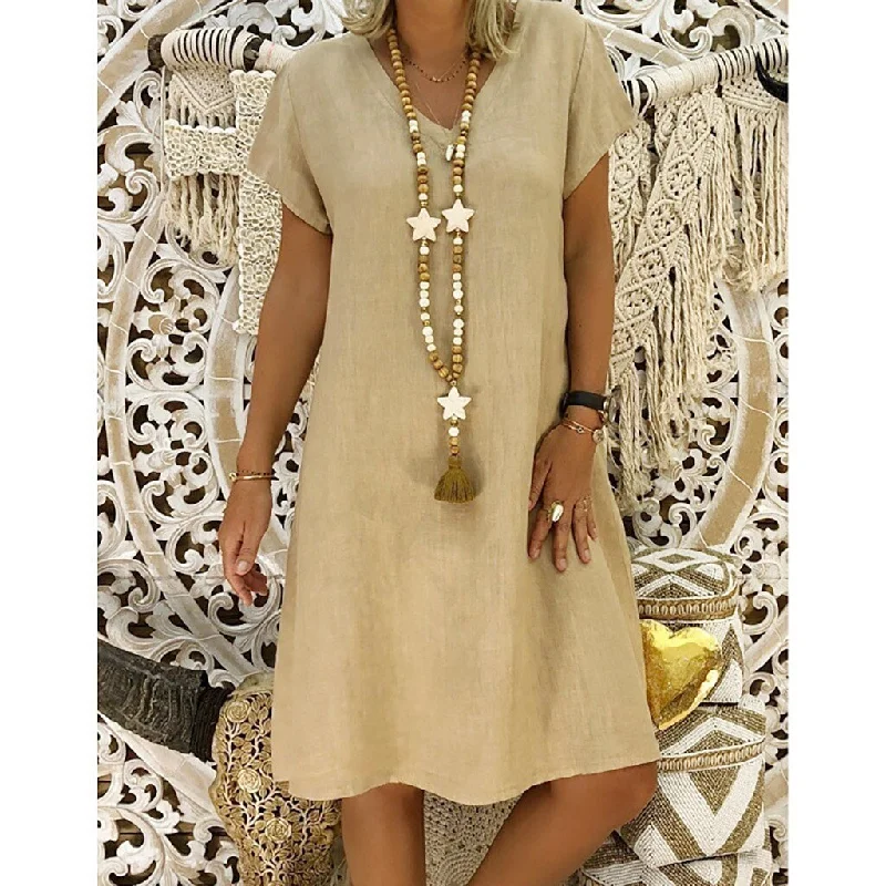 JuliaFashion-2024 Summer Boho Cotton Linen V-Neck Dress