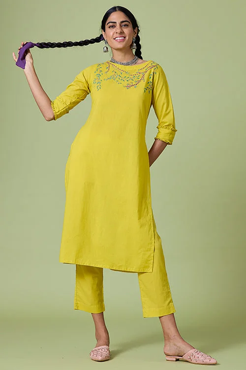 Okhai 'Sunshine' Pure Cotton Hand Embroidered Kurta Pant Set