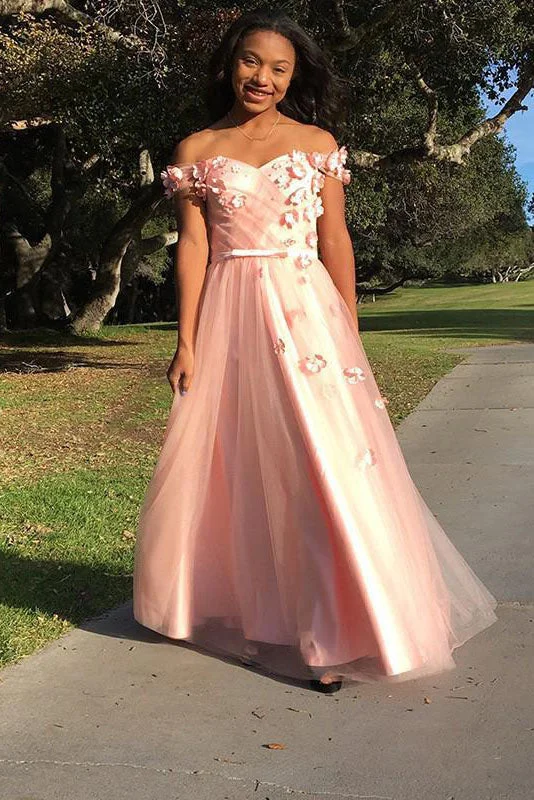 Sweet 16 Dresses A-Line Off Shoulder Pink Applique Evening Prom Dresses