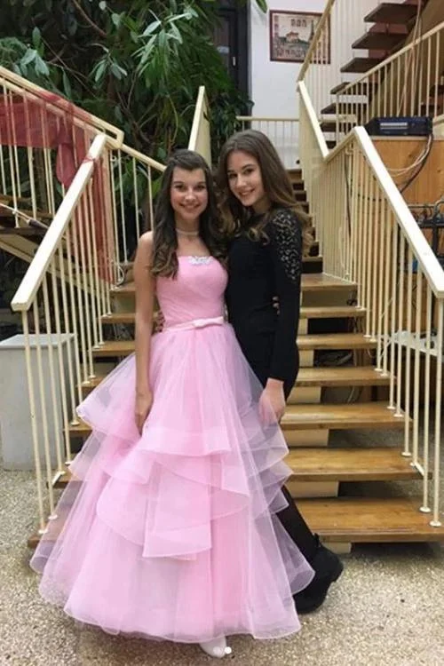 Unique Pink Tulle Long Prom Dresses, Strapless Belt Sweet 16 Dress STI15462