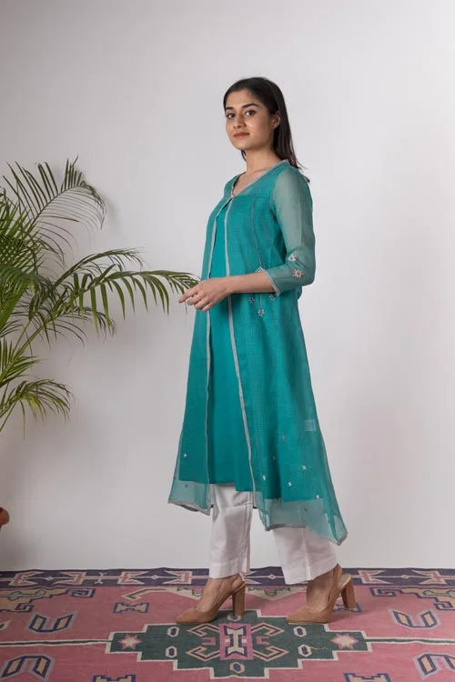 Urmul 'Isha'Hand Embroidered Teal Blue kotta doriya kurta . 3pc set (kurta along with slip and pant )