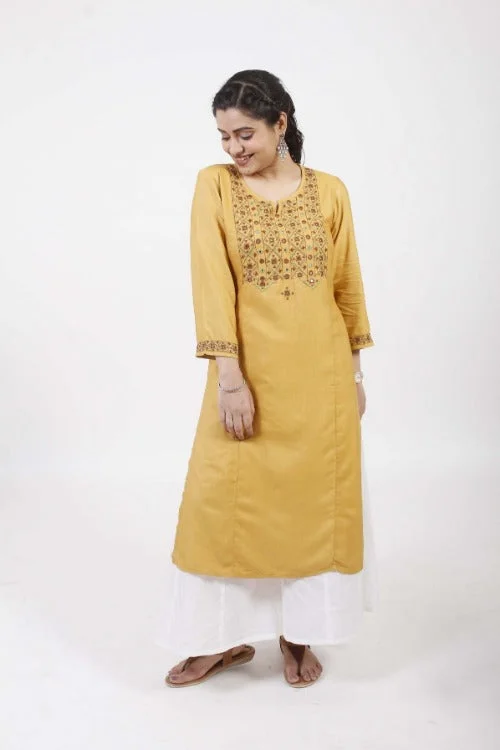 Urmul 'Jaalbari ' Hand Embroidered Mustard Cotton Silk Kurta