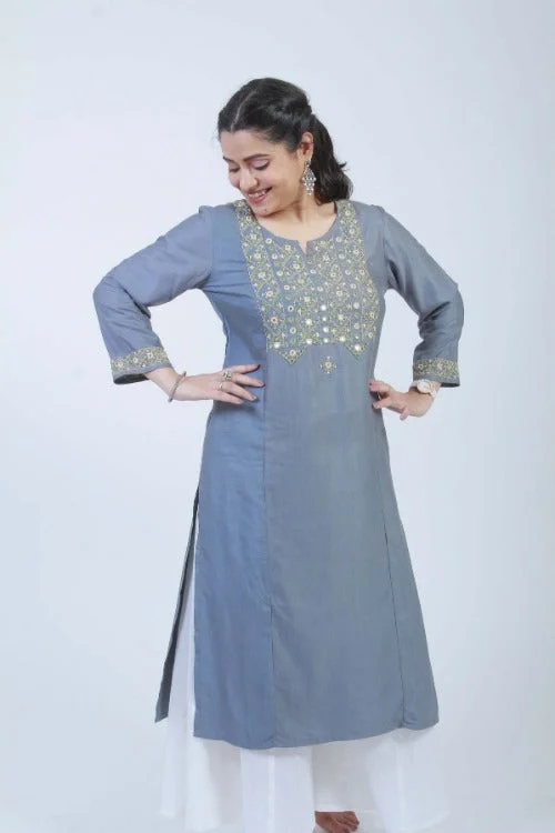 Urmul 'Jaalibari' Hand Embroidered Grey Cotton Silk Kurta