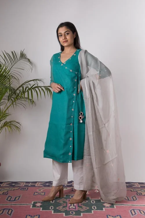 Urmul 'Lisa'Hand Embroidered Teal Blue kotta doriya kurta . 2pc set (kurta and dupatta)