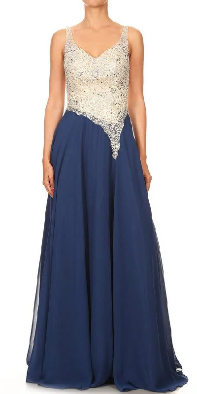 J&J Fashion 3049 V-Neck Embellished Long Prom Dress