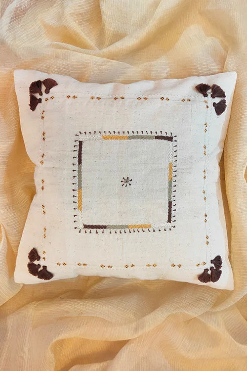 Handspun Handwoven Hand Embroidered Cushion Cover with corner tassels