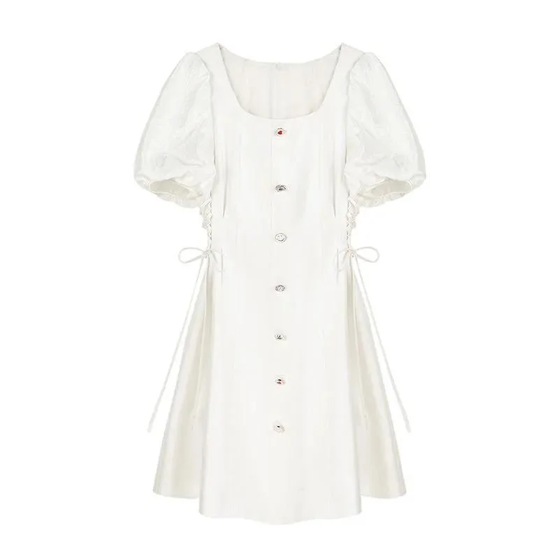 White Dress Women's Summer Dress with Square Neckline Waist and Thin Temperament French Bellflower Dress