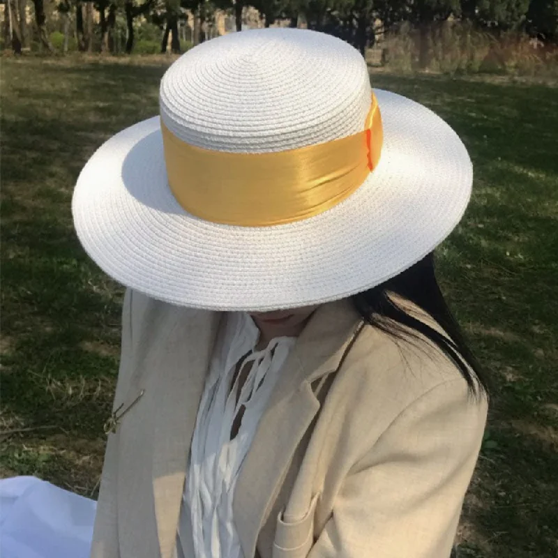 White Women Braid straw Hat Big Ribbon Fedora Wide Brim Lady Dress Derby Straw Boater Sun Hat Summer Beach Cap Sailor Trilby Cap