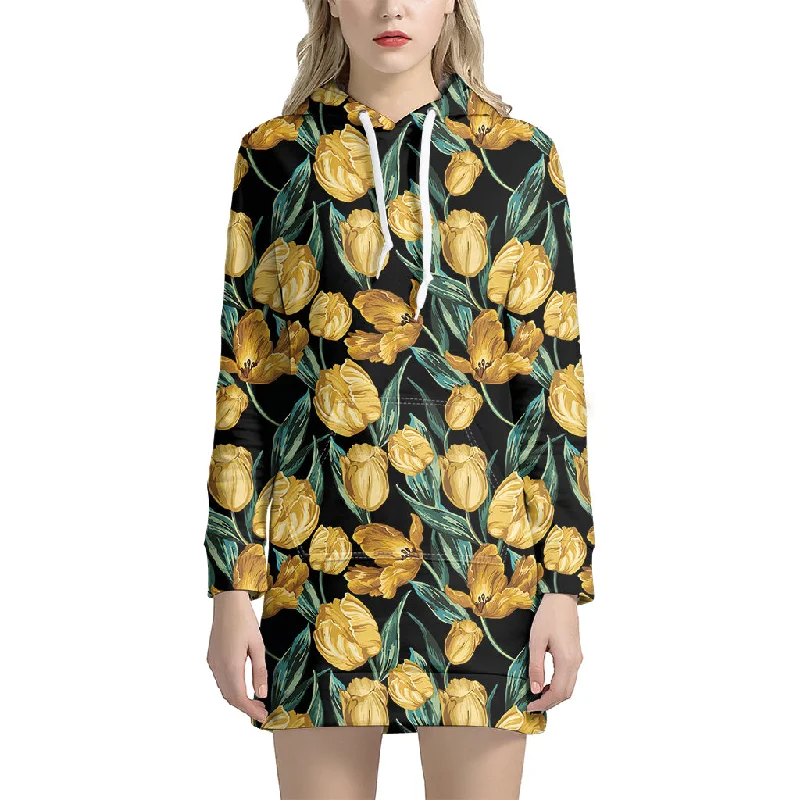 Yellow Tulip Floral Pattern Print Pullover Hoodie Dress