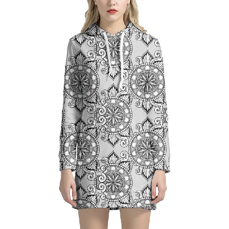 Zentangle Floral Pattern Print Pullover Hoodie Dress