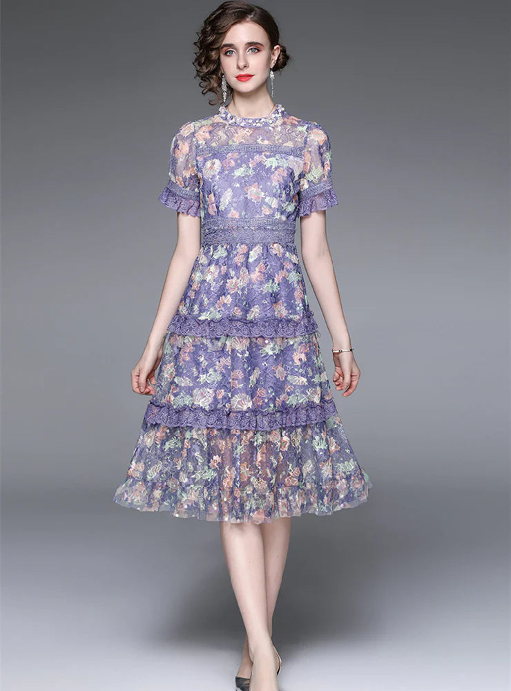 SHORT SLEEVE BEADED SEQUINS PRINTED CAKE DRESS