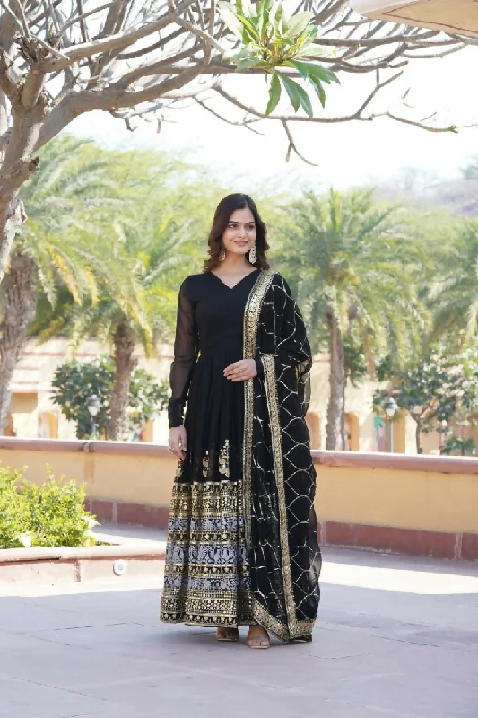 Aastha Fashion Women's Black Faux Georgette Sequins Embroidered Anarkali Dress with Dupatta