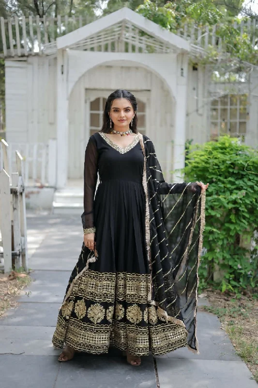 Aastha Fashion Women's Black Faux Georgette Sequins Embroidered Anarkali Dress with Dupatta