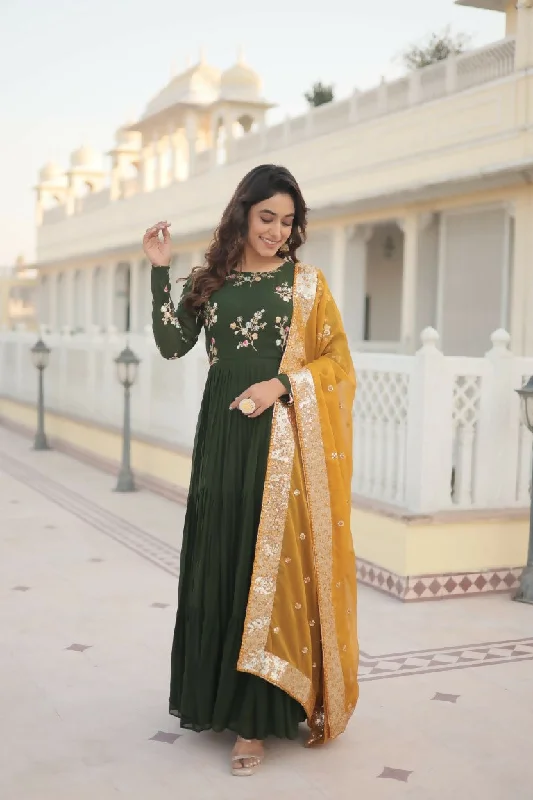 Aastha Fashion Women's Bottle Green Faux Georgette Sequins Embroidered Anarkali Dress with Dupatta