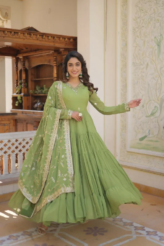 Aastha Fashion Women's Parrot Green Faux Georgette Sequins Embroidered Anarkali Dress with Dupatta