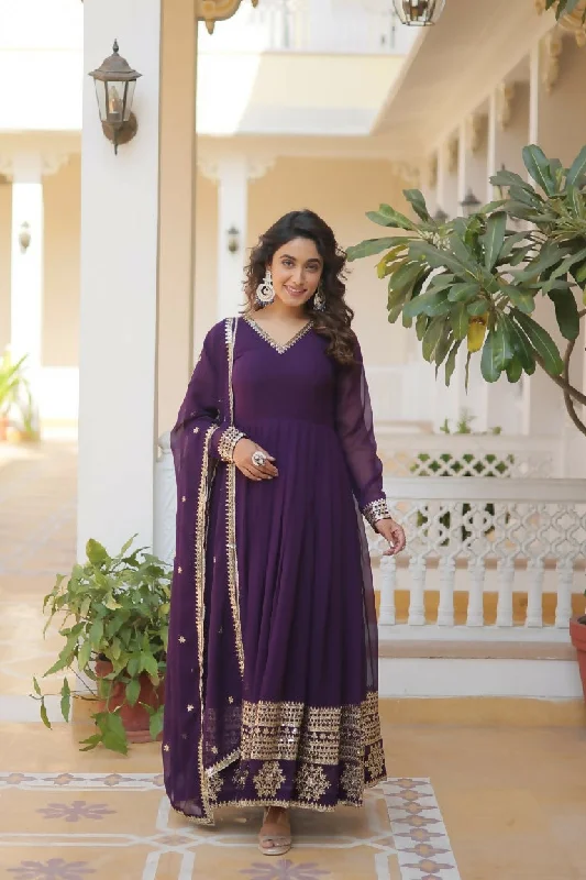 Aastha Fashion Women's Purple Faux Georgette Sequins Embroidered Anarkali Dress with Dupatta