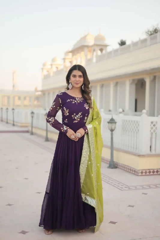 Aastha Fashion Women's Purple Faux Georgette Sequins Embroidered Anarkali Dress with Dupatta