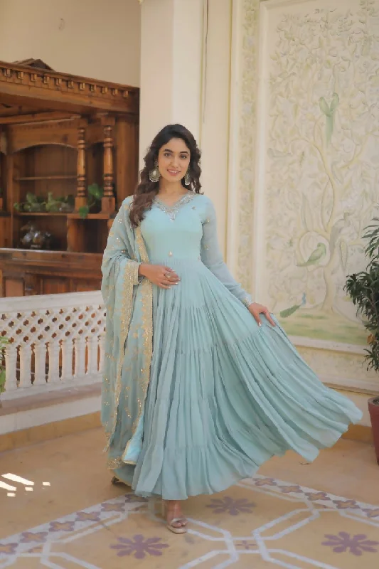 Aastha Fashion Women's Sky Blue Faux Georgette Sequins Embroidered Anarkali Dress with Dupatta