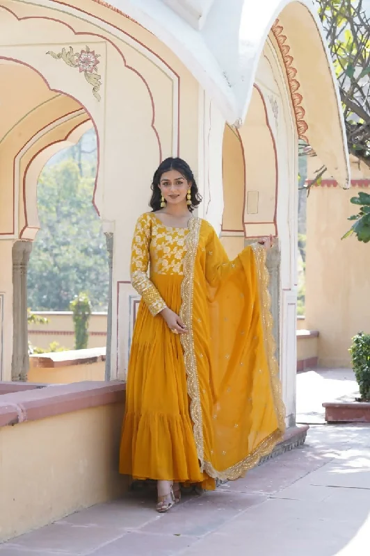 Aastha Fashion Women's Yellow Faux Georgette Jacquard with Sequins Embroidered Anarkali Dress with Dupatta