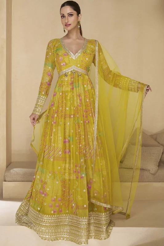 Lime Yellow Georgette Embroidered Anarkali Suit