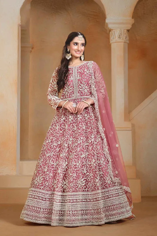 Pink Net Embroidered Anarkali Suit Set