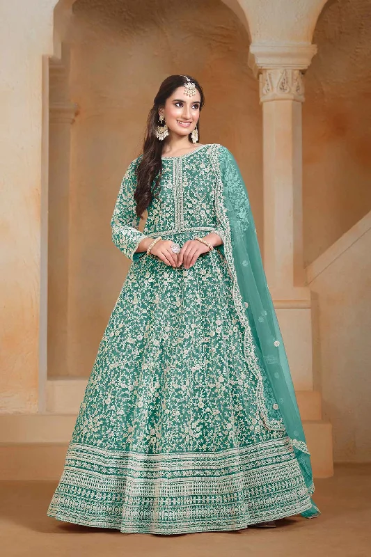 Sea Green Net Embroidered Anarkali Suit Set