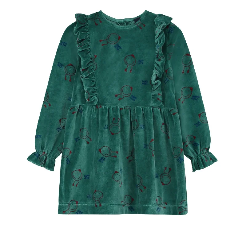 BONMOT GREENLAKE FRILL HAPPY CREW VELOUR DRESS