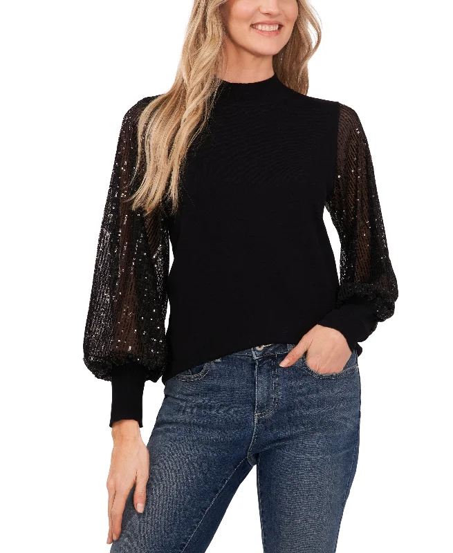 Women's Sheer-Sequin-Sleeve Mock-Neck Cotton Sweater