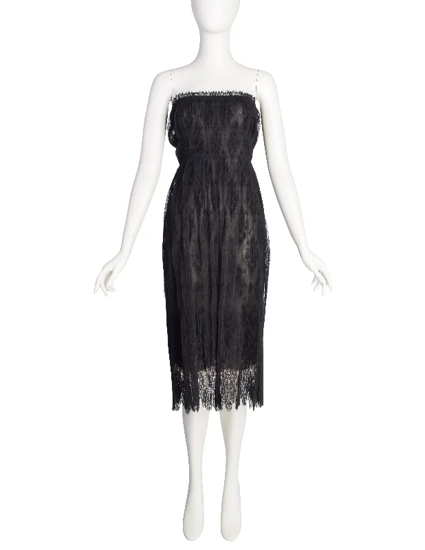 Jackie Rogers Vintage 1990s Sheer Black Pleated Lace Strapless Dress