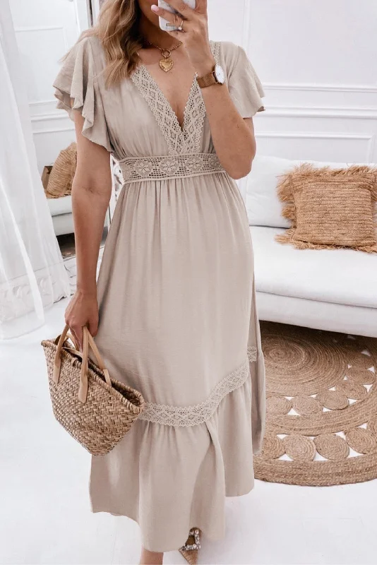 Lace V Neck Ruffled Sleeve Empire Waist Dress