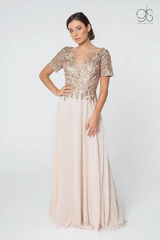 Long Formal Mother of the Bride Metallic Lace Chiffon Dress